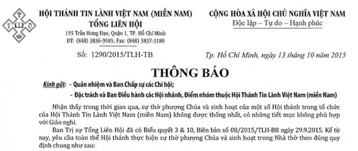 Thông Báo Mới Về Thờ Phượng - Tổng Liên Hội HTTLVN (MN)