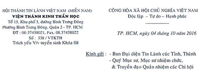Thông Báo Tuyển Sinh Khoá 08 Của Viện Thánh Kinh Thần Học