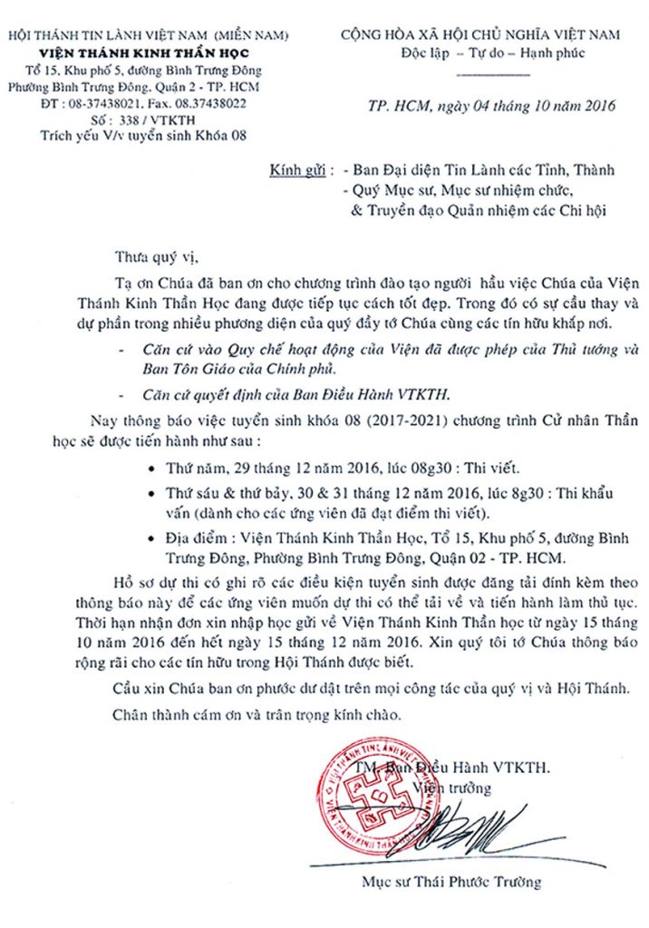 Thông báo tuyển sinh khoá 08 của Viện Thánh Kinh Thần Học.