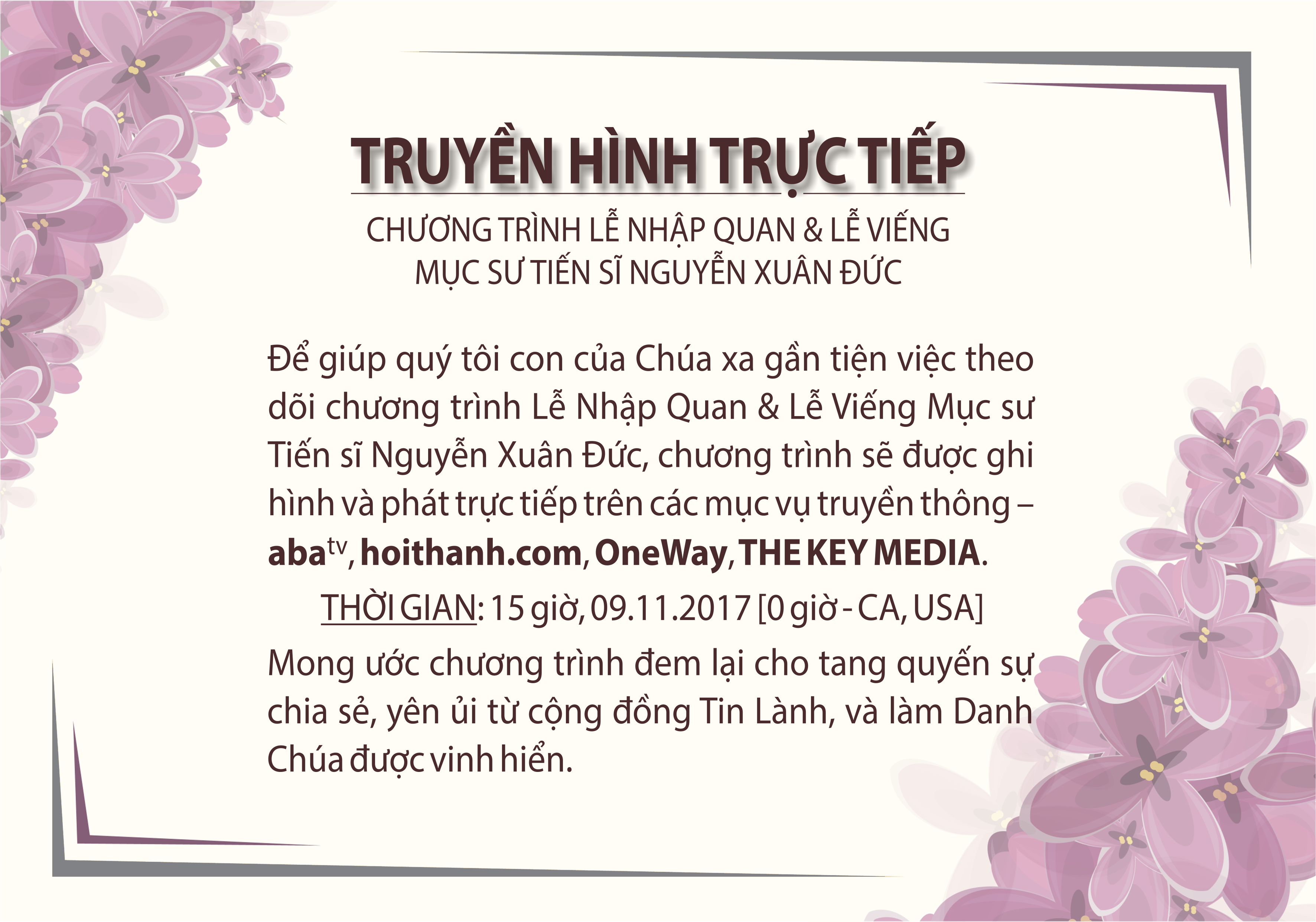 Truyền Hình Trực Tiếp Lễ Nhập Quan Và Lễ Viếng Mục Sư Tiến Sĩ Nguyễn Xuân Đức