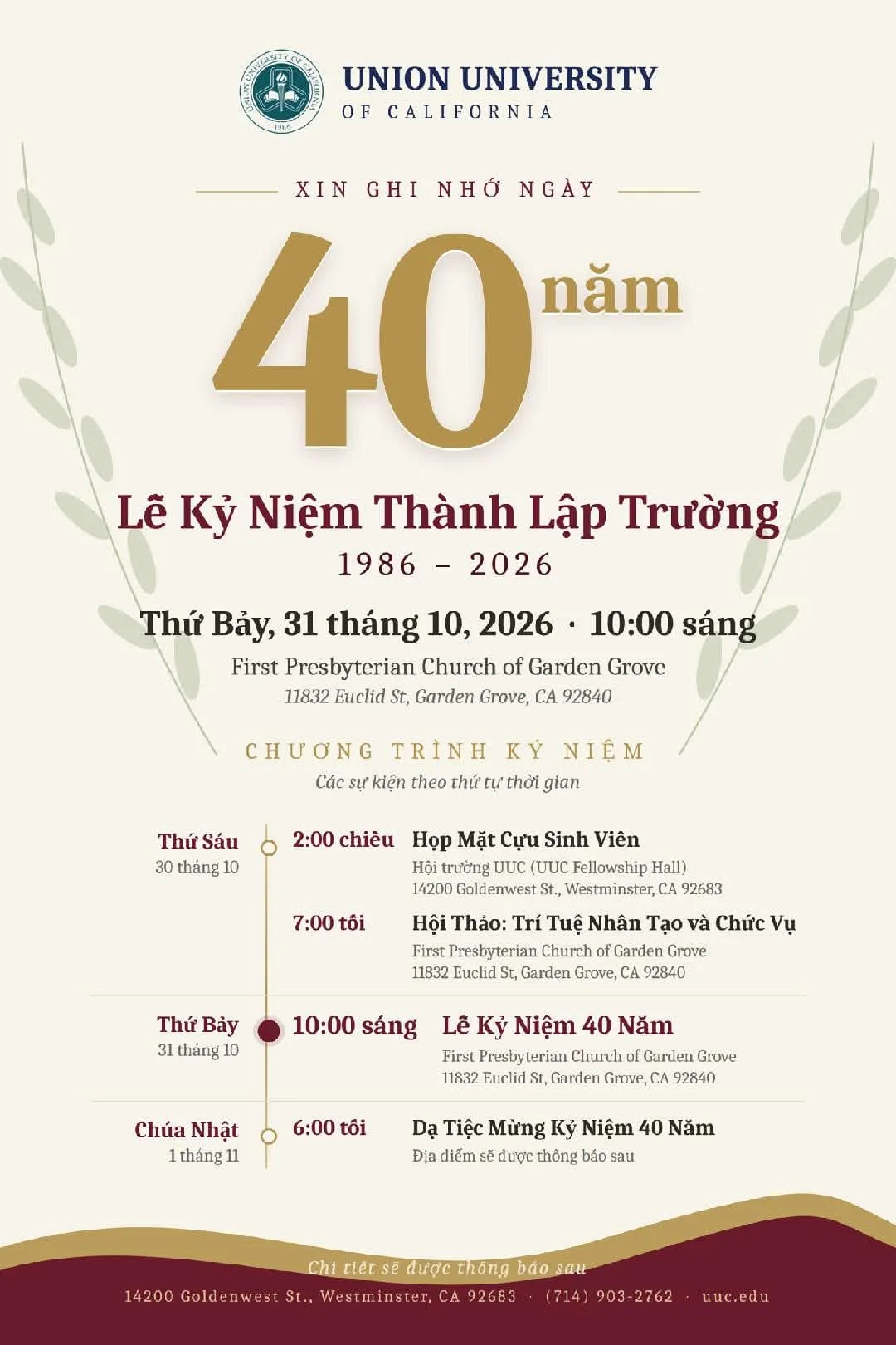 Poster Lễ Kỷ niệm 40 năm thành lập Union University of California (1986–2026)