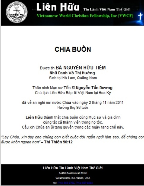 Thân Mẫu MS Nguyễn Tấn Dương Về Nước Chúa
