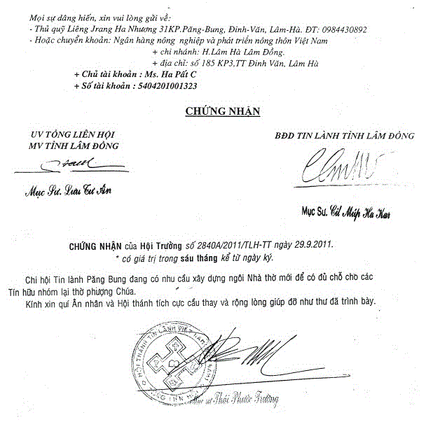 Thư Kêu Gọi Góp Phần Xây Dựng Nhà Thờ Păng Bung - Lâm Đồng