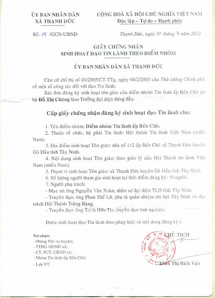 Giấy chứng nhận công nhận Điểm nhóm Thạnh Lợi Giấy chứng nhận công nhận Điểm nhóm Thạnh Lợi