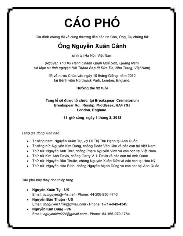 Ông Nguyễn Xuân Cảnh Về Nước Chúa