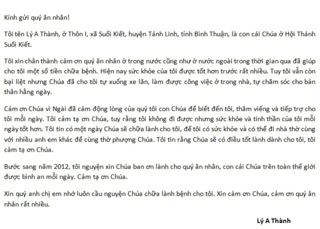 Thư Cảm Ơn Từ Anh Lý A Thành