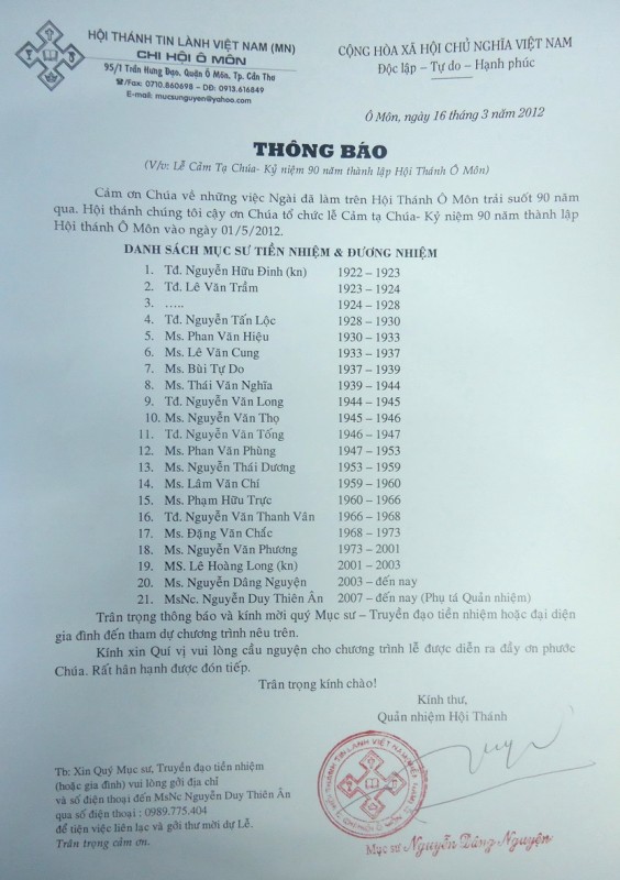 Thông Báo: Lễ Kỷ Niệm 90 Năm Thành Lập HT Ô Môn