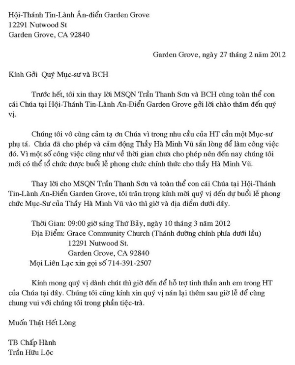 Lễ Phong Chức MS Hà Minh Vũ - HTTL Ân Điển Garden Grove
